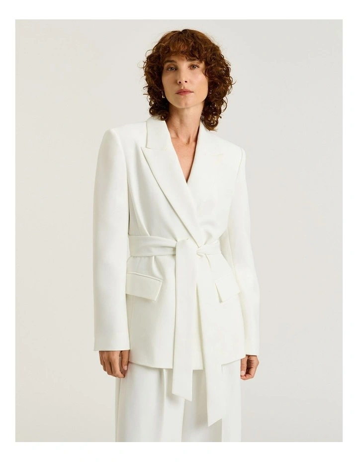 Double Weave Belted Blazer in White image 1