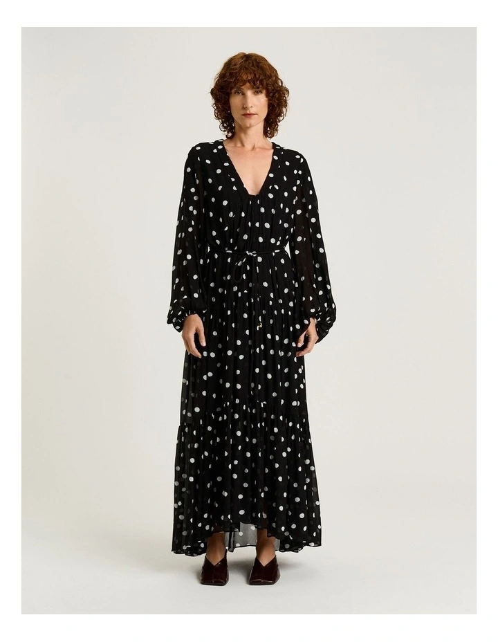 Spot Crinkle Georgette Midi Dress in Black image 1