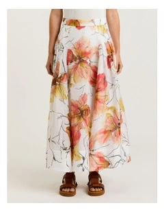 Painted Floral Linen Silk Midi Skirt in White