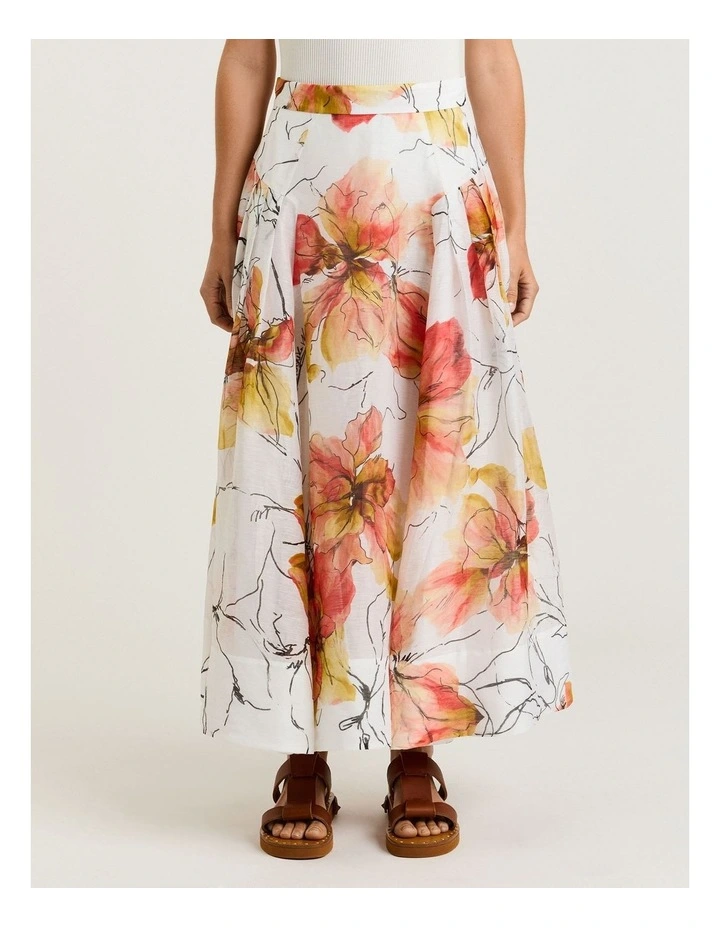 Painted Floral Linen Silk Midi Skirt in White image 1
