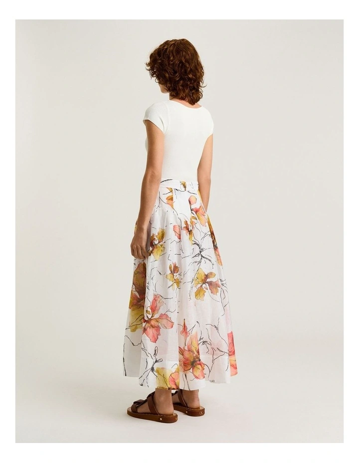 Painted Floral Linen Silk Midi Skirt in White image 2