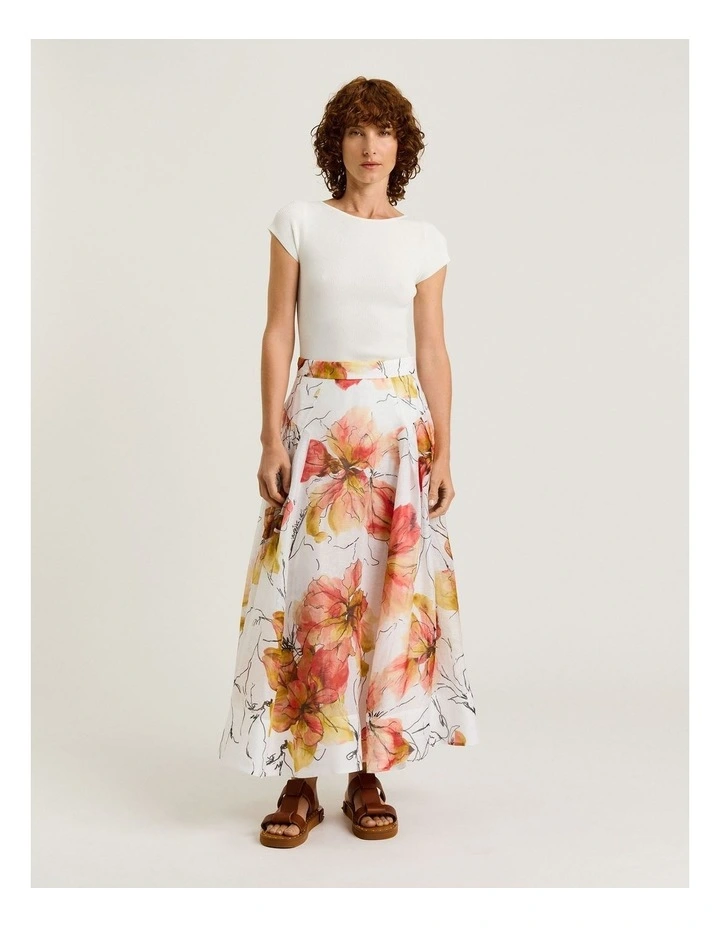 Painted Floral Linen Silk Midi Skirt in White image 3