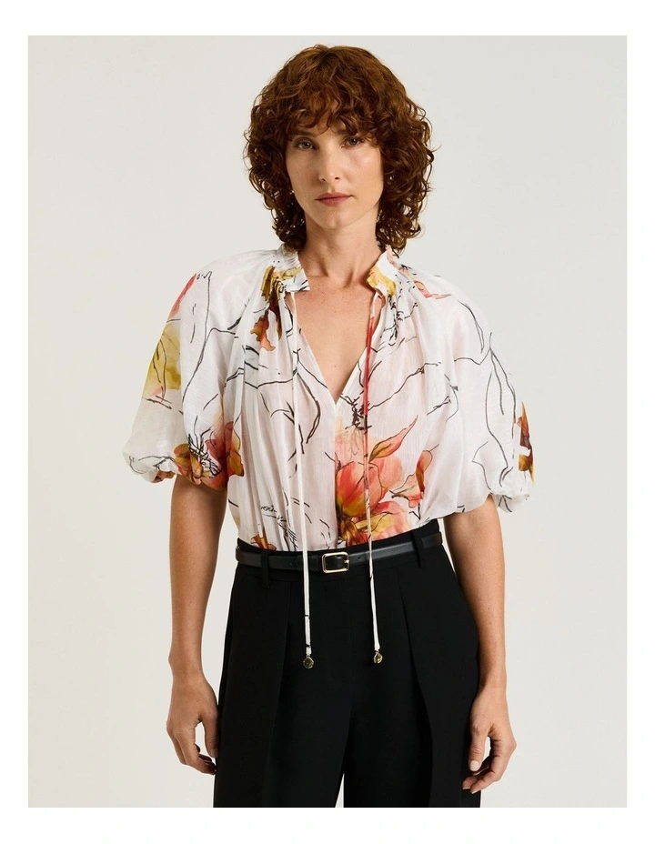 Painted Floral Linen Silk Blouson Sleeve Top in White image 1