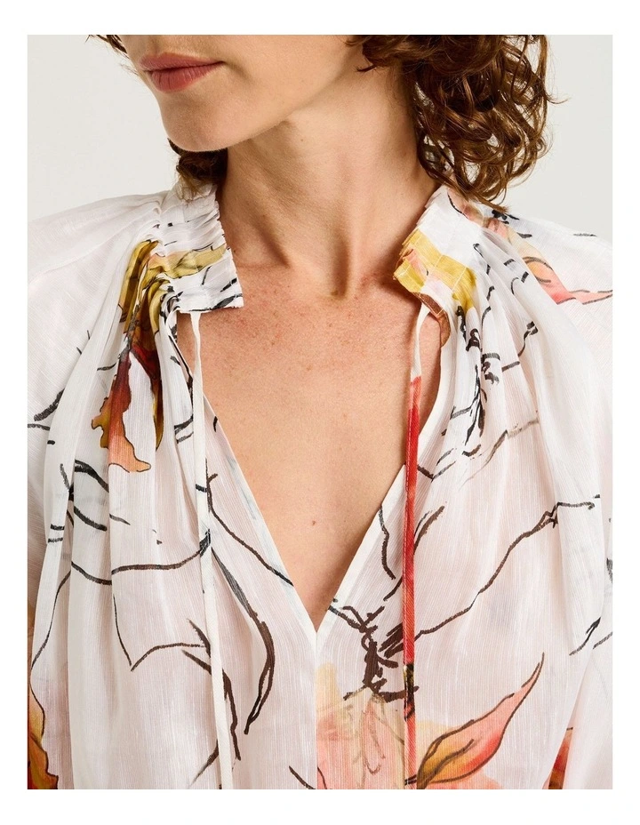 Painted Floral Linen Silk Blouson Sleeve Top in White image 3