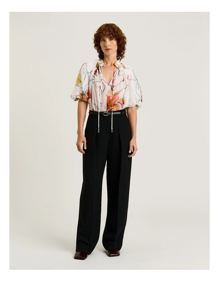 Painted Floral Linen Silk Blouson Sleeve Top in White image 4