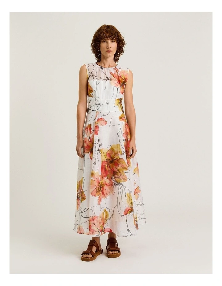 Painted Floral Linen Silk Sleeveless Midi Dress in White image 1