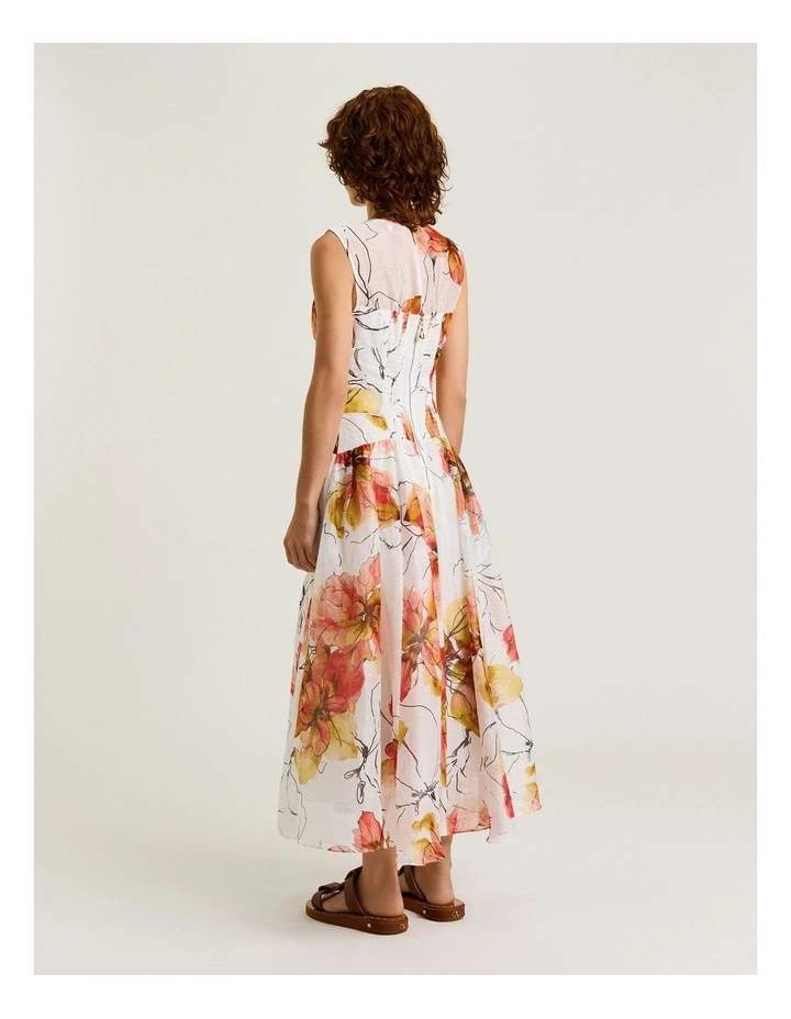 Painted Floral Linen Silk Sleeveless Midi Dress in White image 2