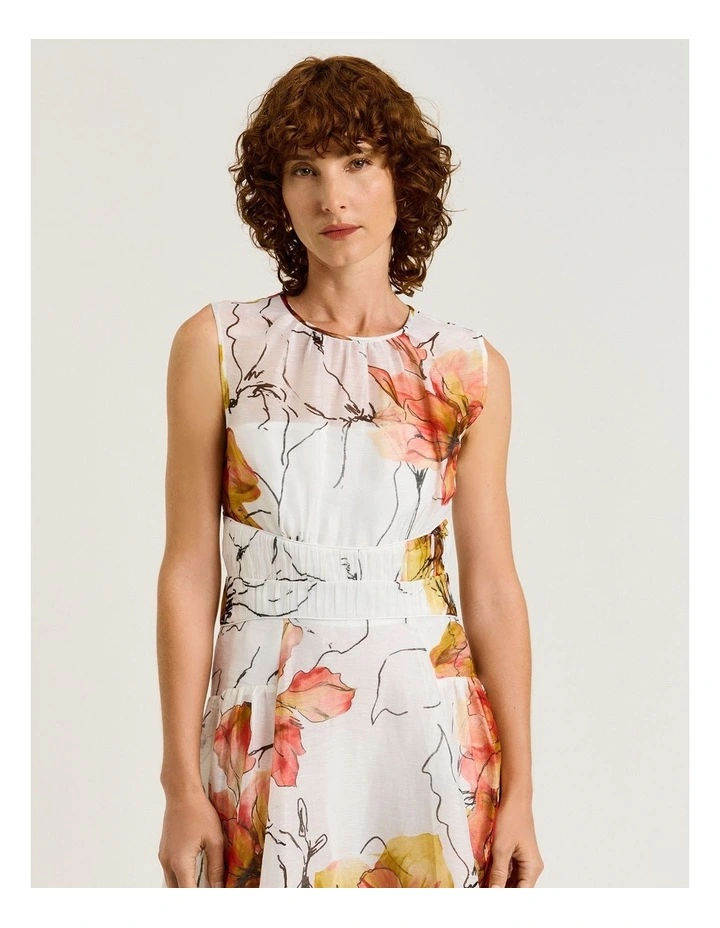 Painted Floral Linen Silk Sleeveless Midi Dress in White image 3
