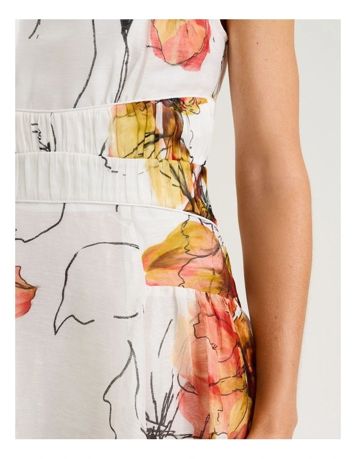 Painted Floral Linen Silk Sleeveless Midi Dress in White image 4