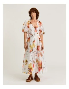 Painted Floral Linen Silk Blouson Sleeve Maxi Dress in White