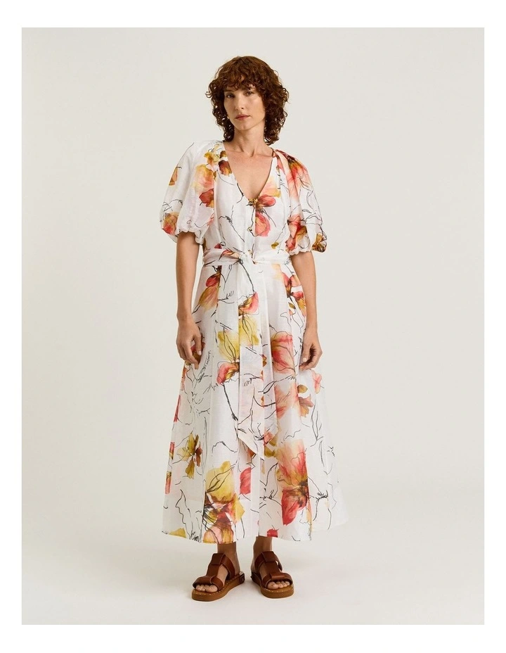 Painted Floral Linen Silk Blouson Sleeve Maxi Dress in White image 1