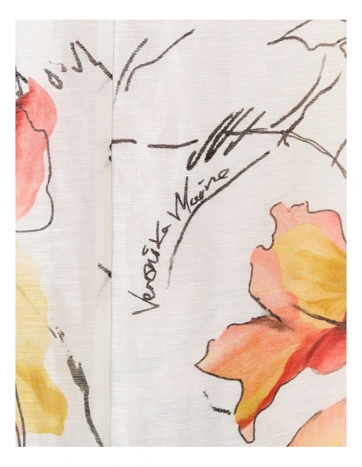 Painted Floral Linen Silk Blouson Sleeve Maxi Dress in White image 3