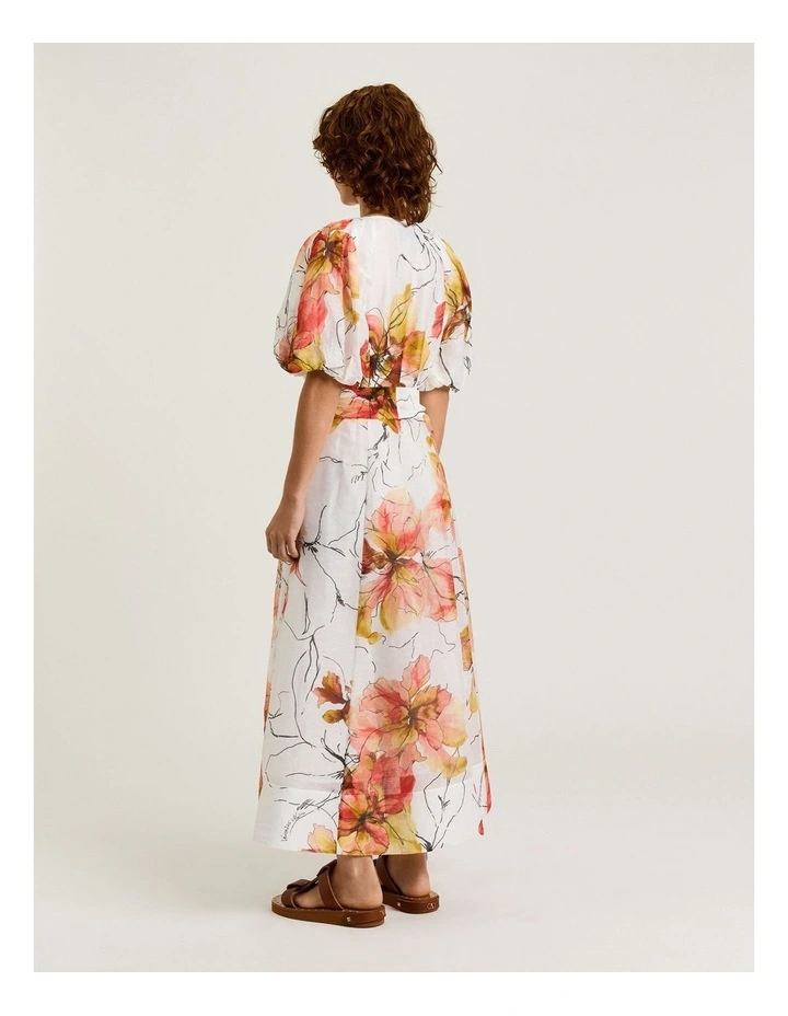 Painted Floral Linen Silk Blouson Sleeve Maxi Dress in White image 4