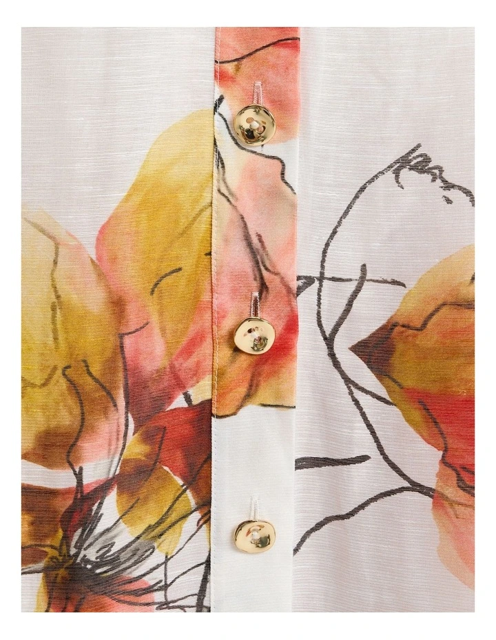 Painted Floral Linen Silk Blouson Sleeve Maxi Dress in White image 5