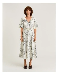 Sketch Floral Cotton Sateen Midi Dress in White