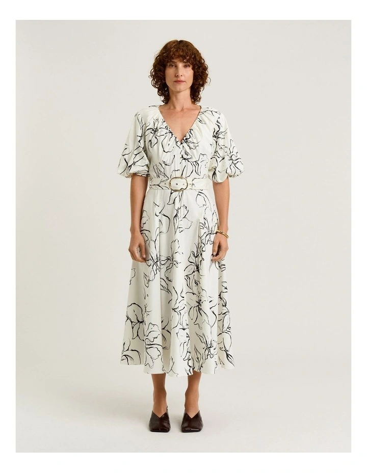 Sketch Floral Cotton Sateen Midi Dress in White image 1