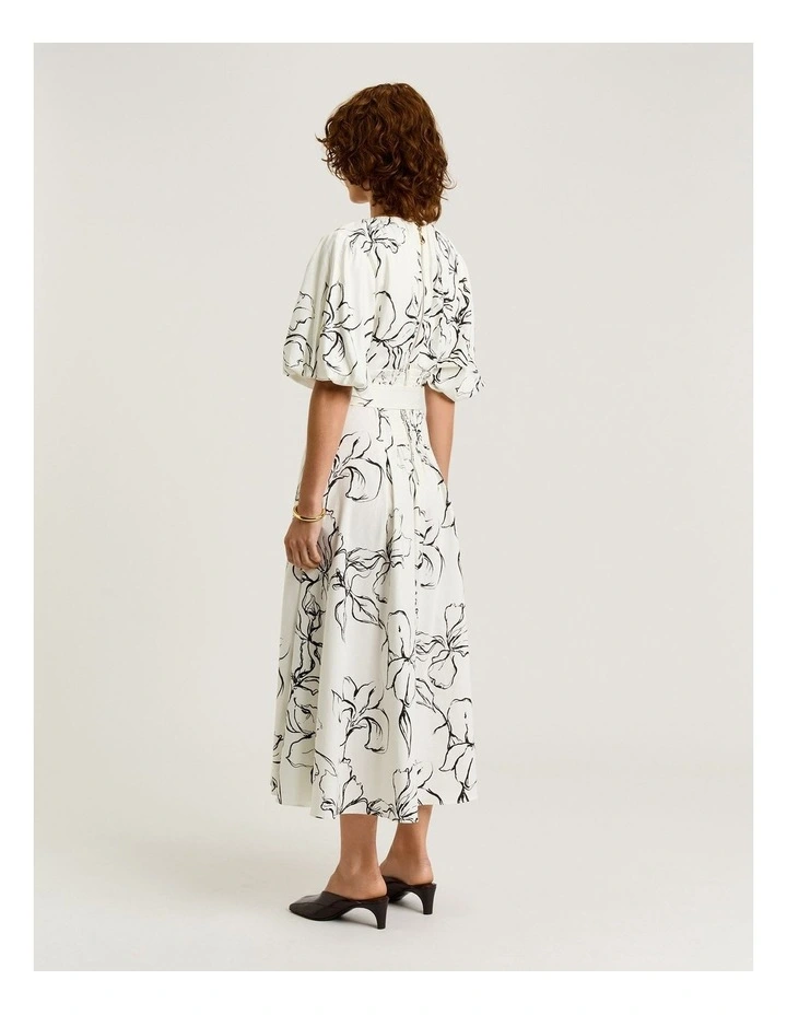 Sketch Floral Cotton Sateen Midi Dress in White image 2