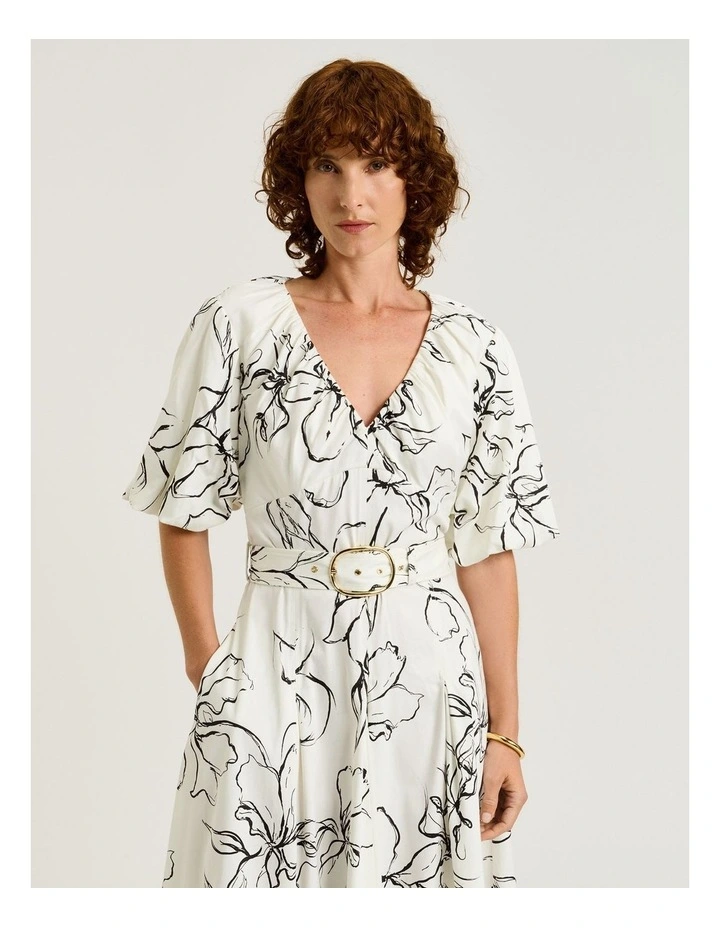Sketch Floral Cotton Sateen Midi Dress in White image 3