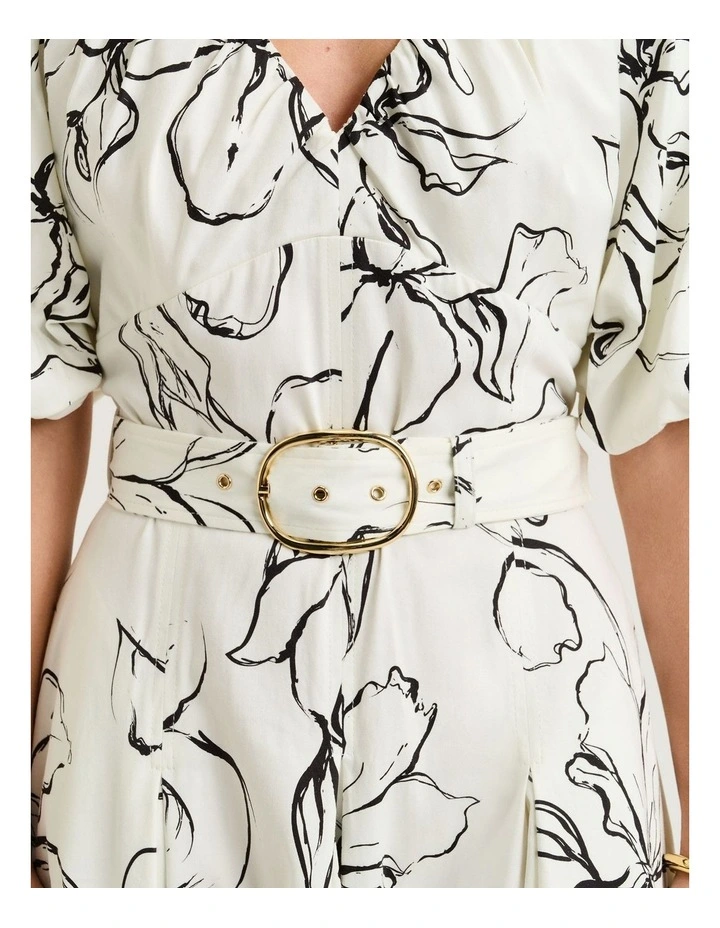 Sketch Floral Cotton Sateen Midi Dress in White image 4
