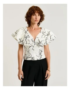 Sketch Floral Cotton Sateen Flounce Top in White