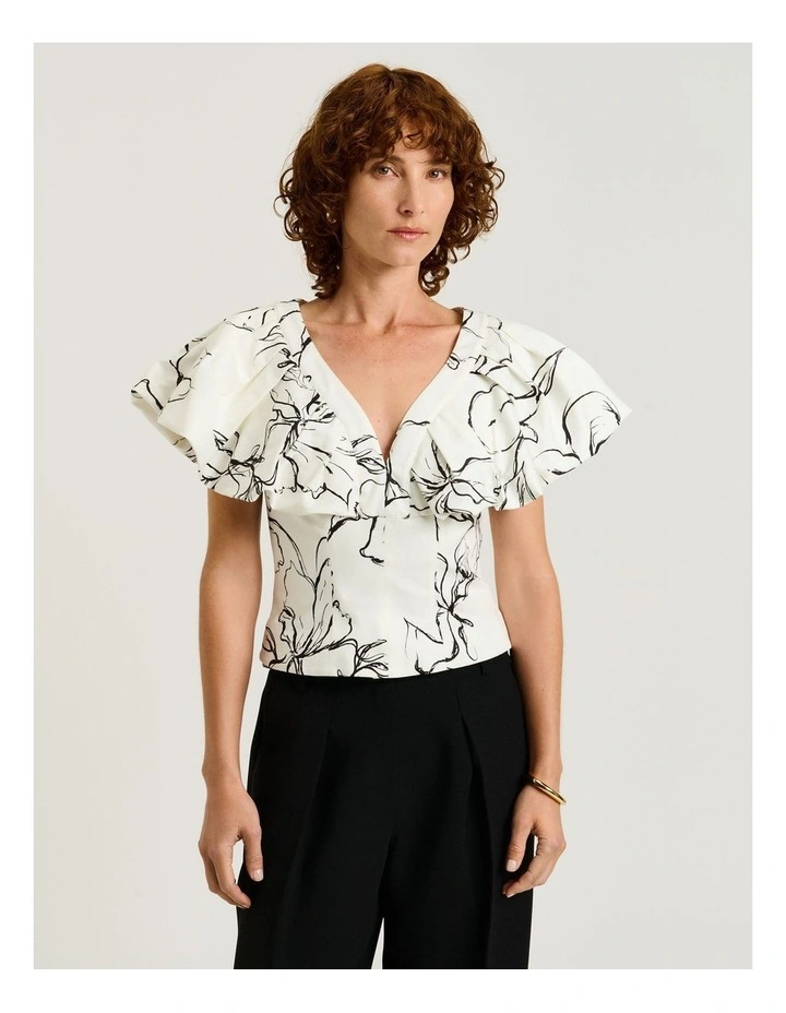 Sketch Floral Cotton Sateen Flounce Top in White image 1