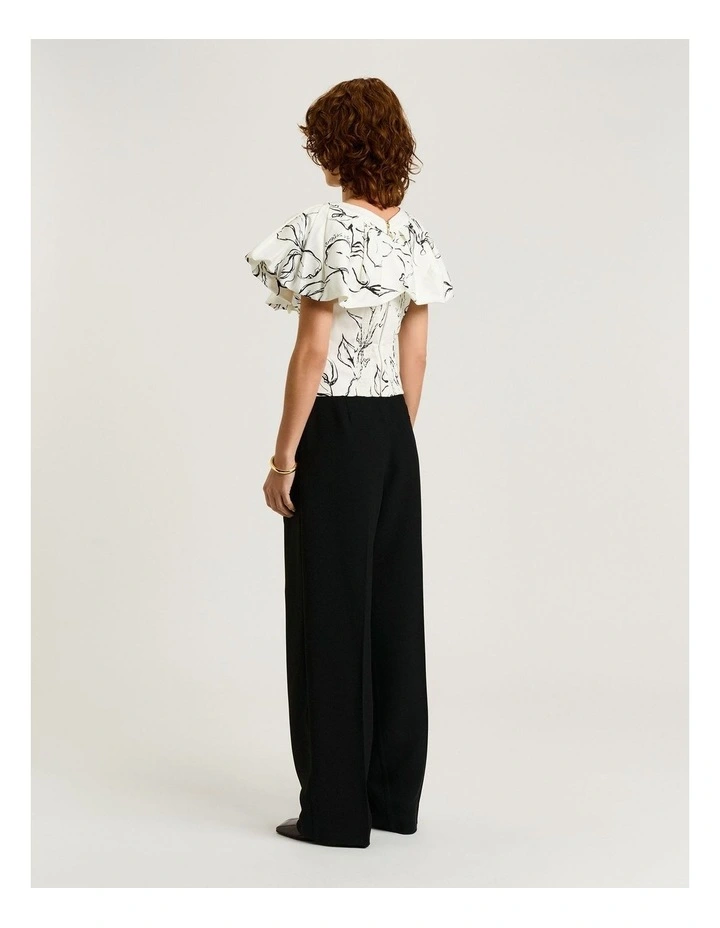 Sketch Floral Cotton Sateen Flounce Top in White image 2