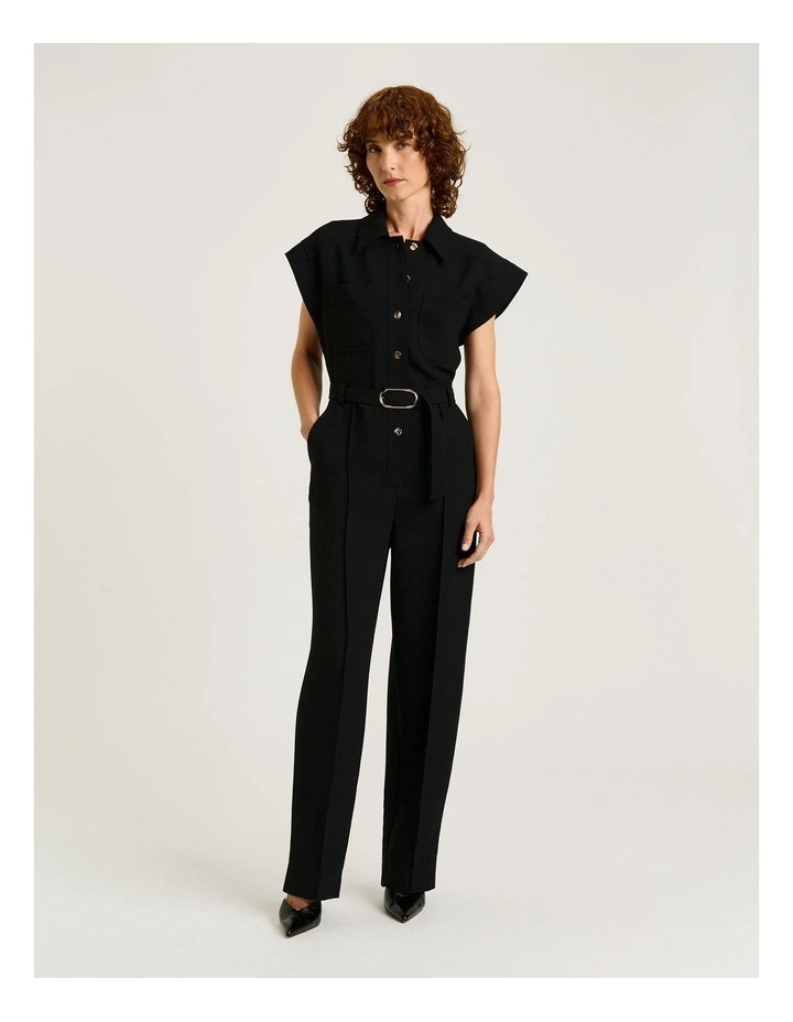 Double Weave Utility Belted Jumpsuit in Black image 1