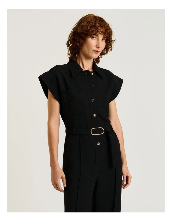 Double Weave Utility Belted Jumpsuit in Black image 3