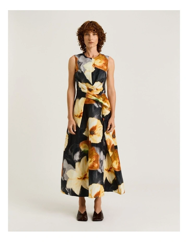 Botanical Floral Draped Midi Dress in Black image 1