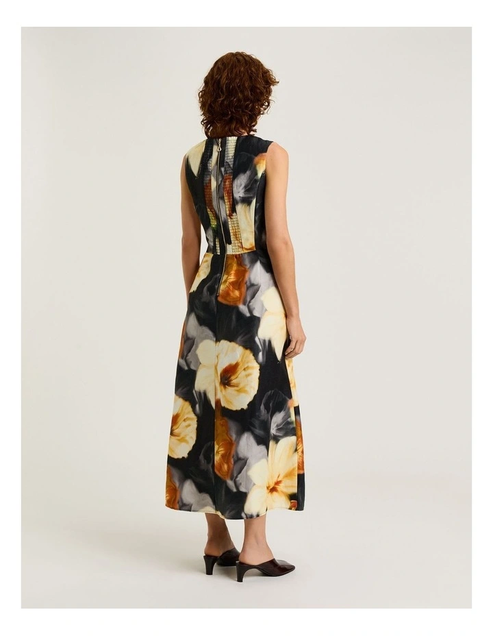 Botanical Floral Draped Midi Dress in Black image 2