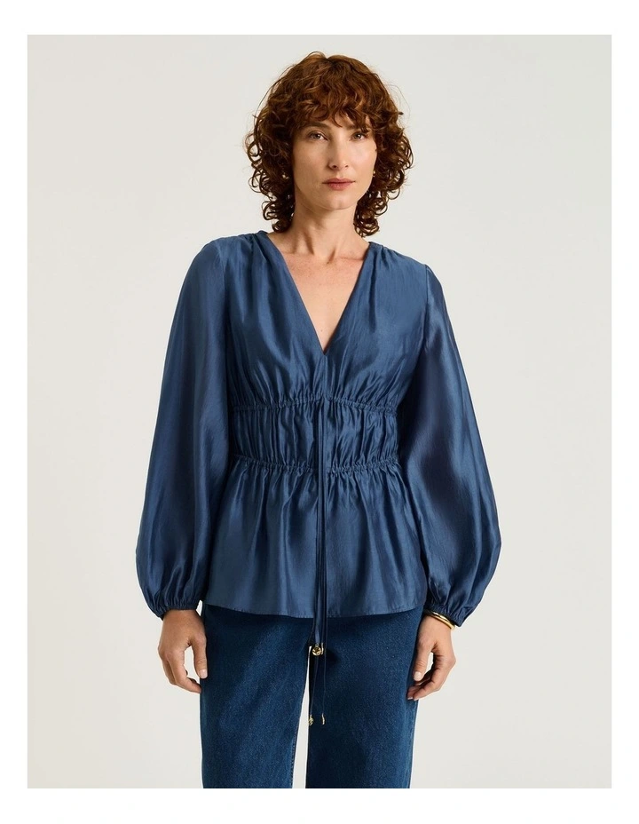 Blouson Sleeve Drawstring Top in Blue image 1