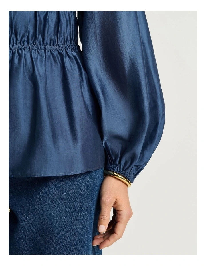 Blouson Sleeve Drawstring Top in Blue image 3