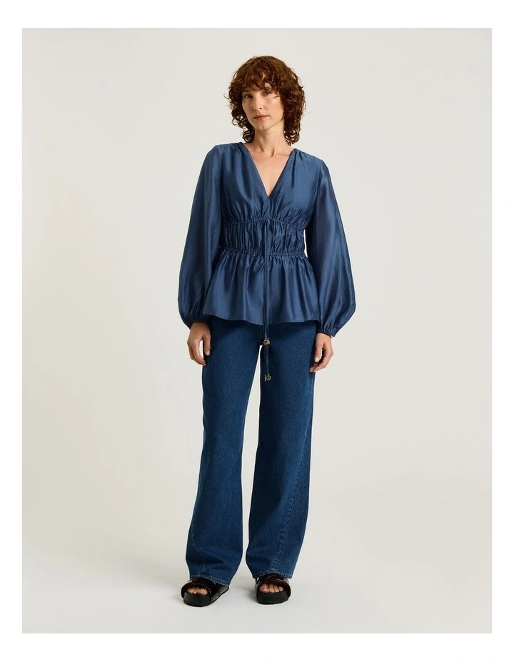 Blouson Sleeve Drawstring Top in Blue image 4