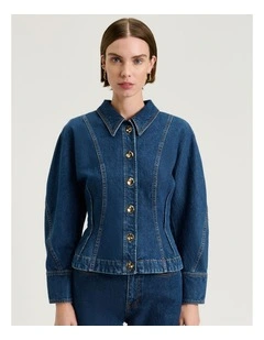 Cotton Denim Dart Waist Jacket in Mid Wash Blue