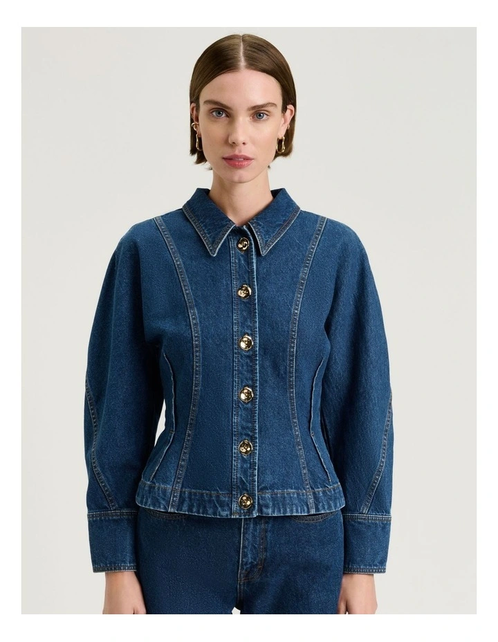 Cotton Denim Dart Waist Jacket in Mid Wash Blue image 1