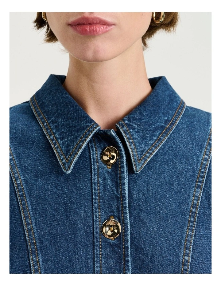 Cotton Denim Dart Waist Jacket in Mid Wash Blue image 3