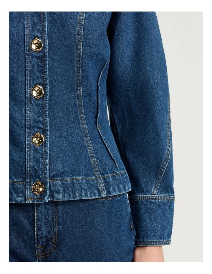 Cotton Denim Dart Waist Jacket in Mid Wash Blue image 4