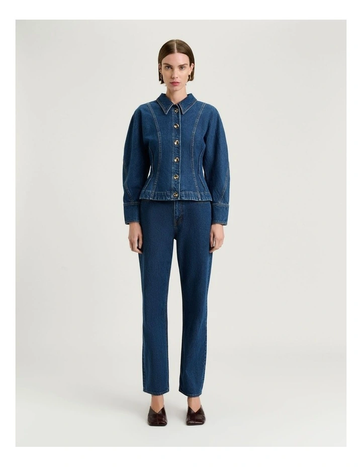 Cotton Denim Dart Waist Jacket in Mid Wash Blue image 5
