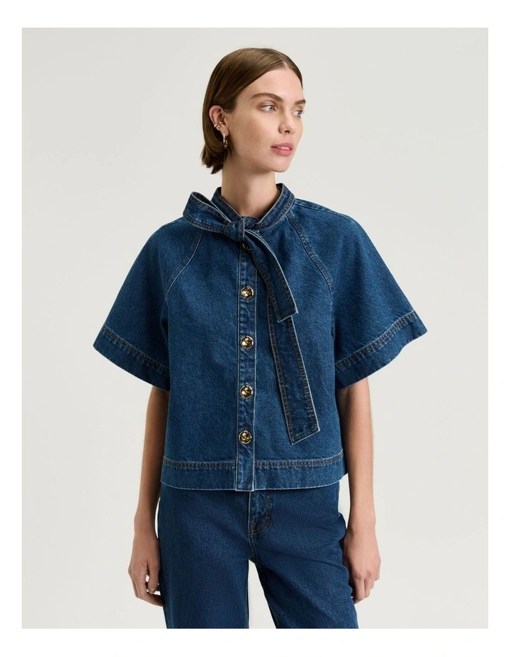 Cotton Denim Tie Neck Shirt in Mid Wash Blue image 1
