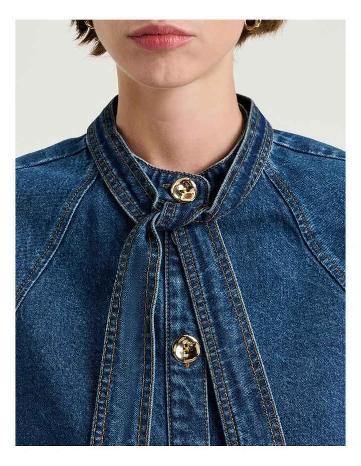 Cotton Denim Tie Neck Shirt in Mid Wash Blue image 3