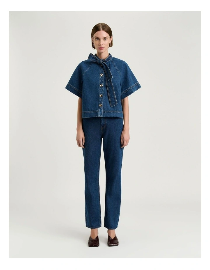 Cotton Denim Tie Neck Shirt in Mid Wash Blue image 4