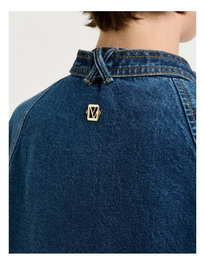 Cotton Denim Tie Neck Shirt in Mid Wash Blue image 5