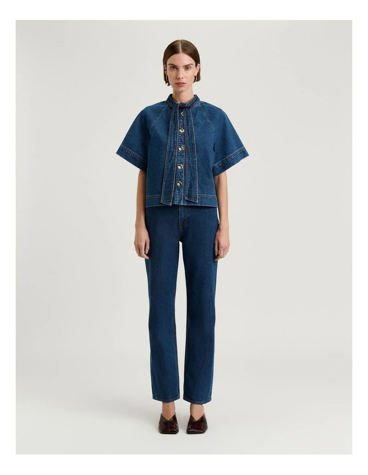 Cotton Denim Tie Neck Shirt in Mid Wash Blue image 6