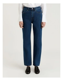 Cotton Denim Straight Leg Jeans in Mid Wash Blue