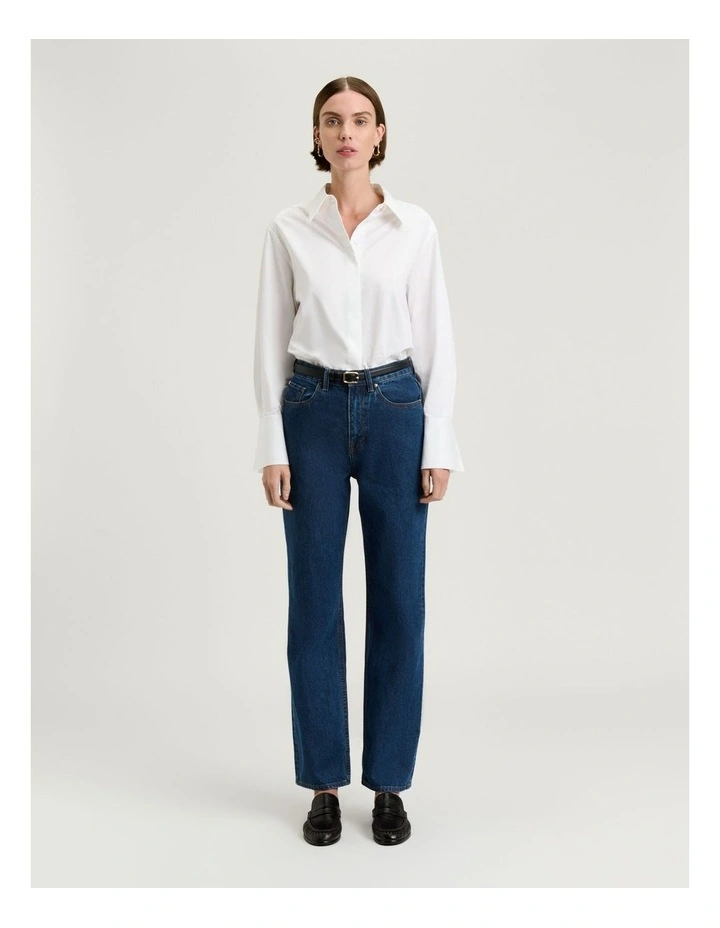 Cotton Denim Straight Leg Jeans in Mid Wash Blue image 4