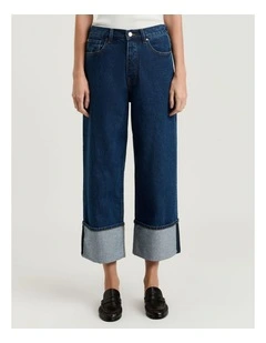 Cotton Denim Cropped Turn Up Jeans in Mid Wash Blue