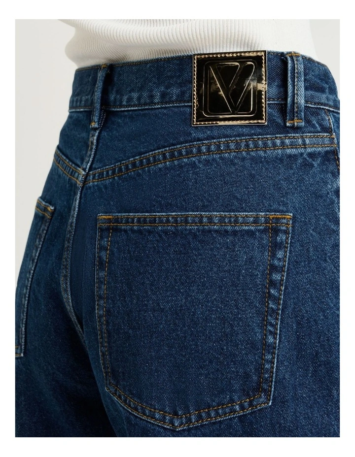 Cotton Denim Cropped Turn Up Jeans in Mid Wash Blue image 3