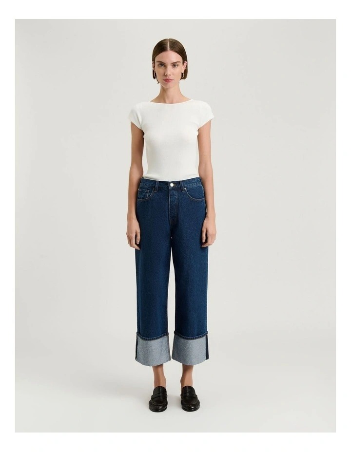 Cotton Denim Cropped Turn Up Jeans in Mid Wash Blue image 4
