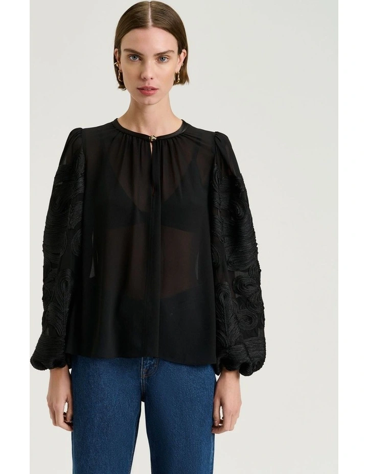 Embellished Georgette Blouson Sleeve Top in Black image 1