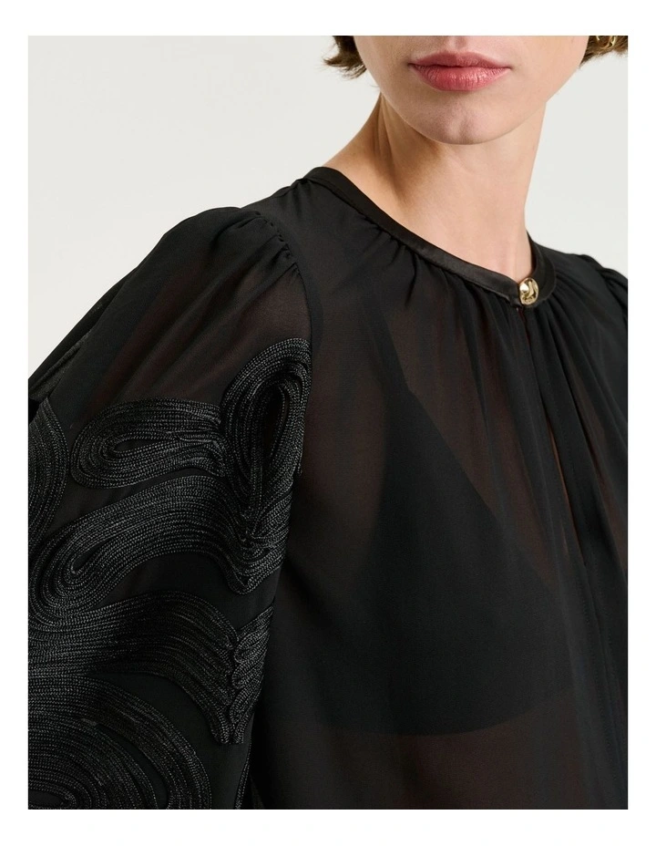 Embellished Georgette Blouson Sleeve Top in Black image 3